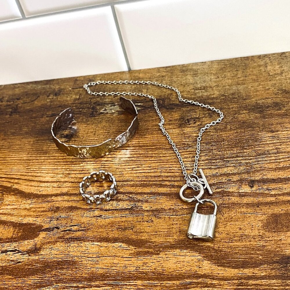 Silver Stainless Padlock Pendant Necklace Nugget Cuff Bracelet Interlocked Ring